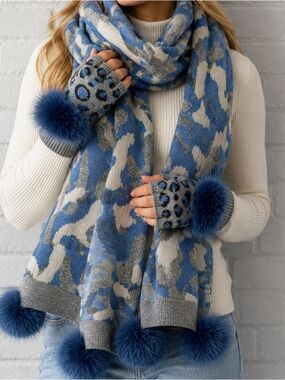 Mitchi Blue Gray Camo Scarf & Fingerless Gloves Fox Fur Pom Set NWT